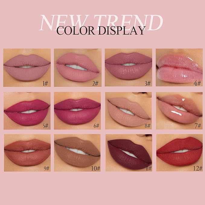 MAEPEOR 12Pcs Velvet Matte Liquid Lipstick Set Waterproof Long Lasting Quick-drying Non-Stick Cup Nude Lip Stain Kit