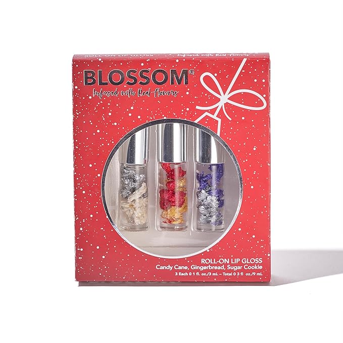 Blossom Scented Roll on Lip Gloss, Infused with Real Flowers, Made in USA, 0.3 fl. oz./9ml, 3 pack Gift Set, Candy Cane, Gingerbread, Sugar Cookie
