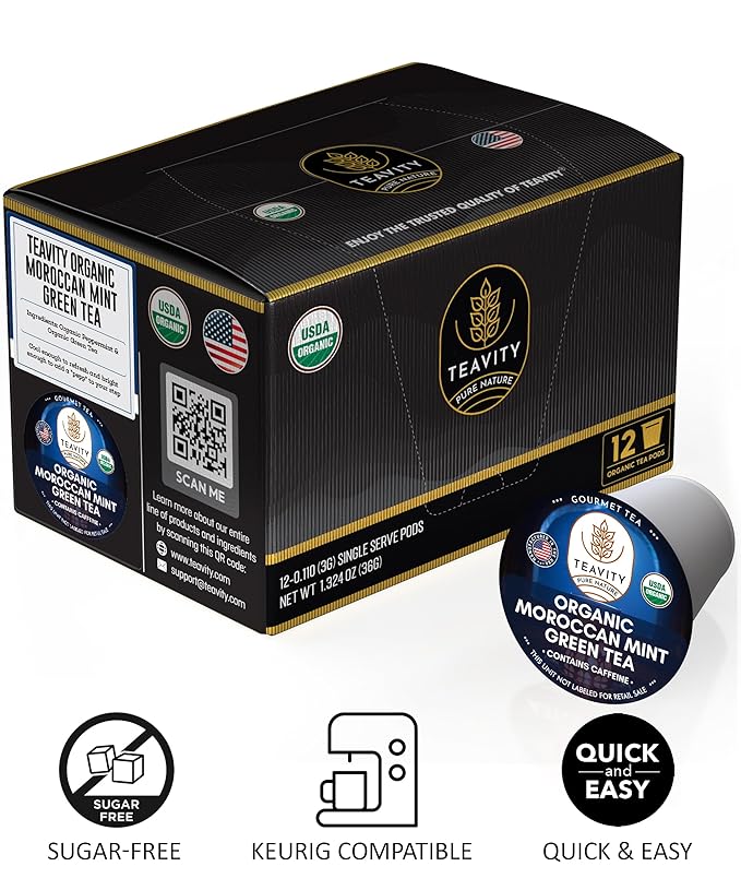 Organic Moroccan Mint Tea and Green Tea Pods for Keurig - Caffeinated Unsweet Tea for K Cup Brewing by Teavity (12 Tea Pods)