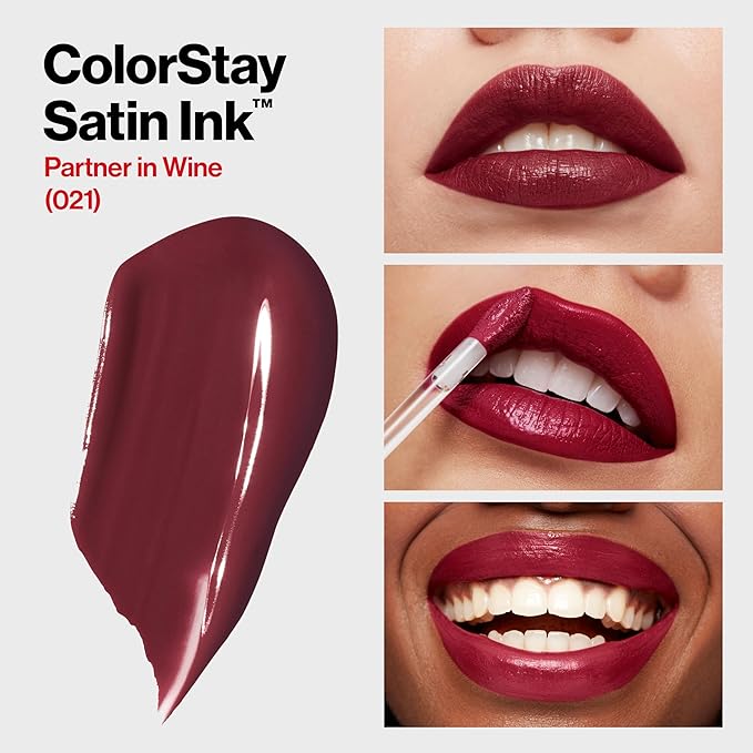 Revlon Liquid Lipstick, Face Makeup, ColorStay Satin Ink, Longwear Rich Lip Colors, Formulated with Black Currant Seed Oil, 021 Partner in Wine, 0.17 Fl Oz