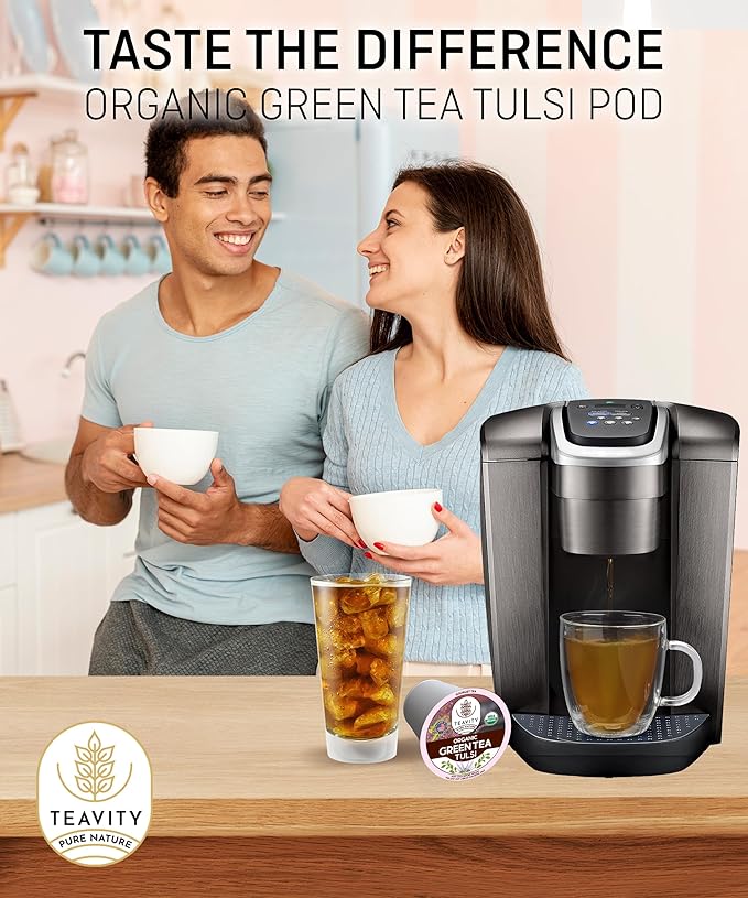 Organic Tulsi Tea Pods with Unsweetened Caffeinated Green Tea Pods for Keurig - Tulsi Green Tea by Teavity (12 Tea Pods)