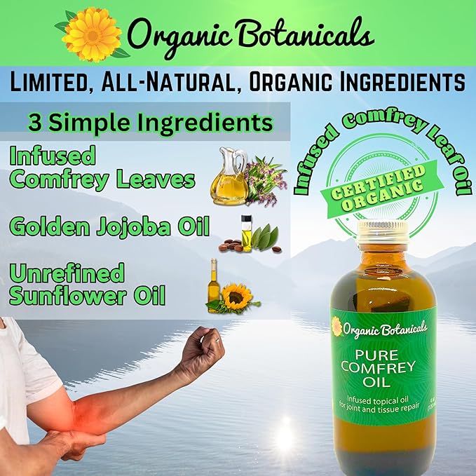 Pure Comfrey Leaf Infused Oil - Skin Care for Joints, Back, Muscles, Fractures, Bruises, and Minor Wounds, Natural Herbal Body Massage Oil, Certified Organic (2 oz)