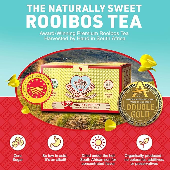 Premium Organic Rooibos Tea Bags 40 - Naturally Sweet Herbal Tea Safe for Children and Pregnant Women - Low Tannin, Caffeine Free Rooibos Tea Sustainably and Ethically Farmed in South Africa