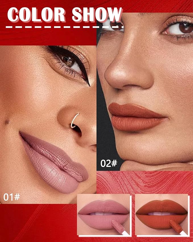 Matte Liquid Lipstick Lipgloss Set-2Pcs Long Lasting Lip Gloss Waterproof Lip Stain Tint, Highly Pigmented Nude Pink Red Super Velvet Lipstick, Non-Stick Cup Lip Color Stay,Christmas Makeup Gift-01+02