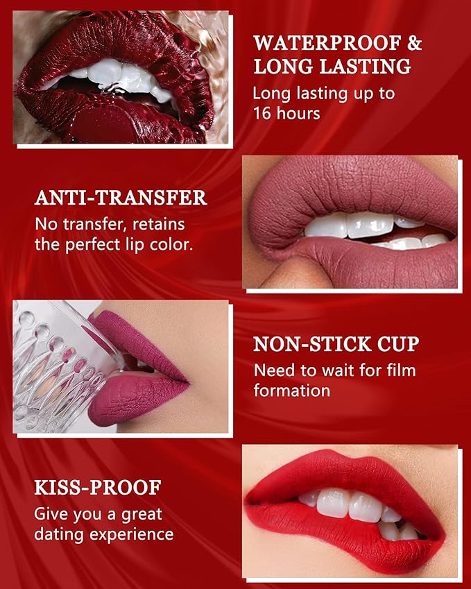 Matte Liquid Lipstick for Women, Highly Pigmented Lip Tint Stain, Super Velvet Matte Nude Red Lip Gloss, Up to 16H Wear, Long Lasting Waterproof Non-Stick Cup Lip Color Stay,Christmas Makeup Gift-02#
