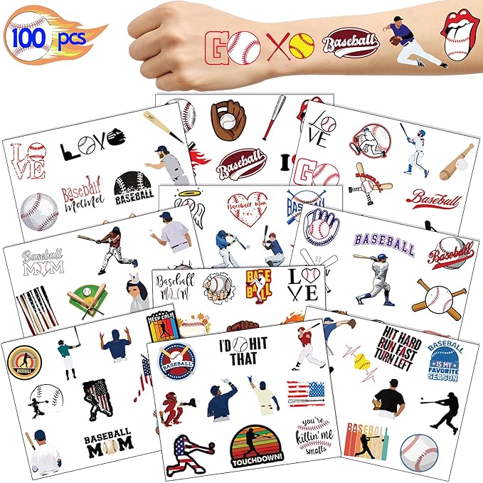 100 PCS Baseball Temporary Tattoos, Baseball Tattoos Stickers, Boys Girls