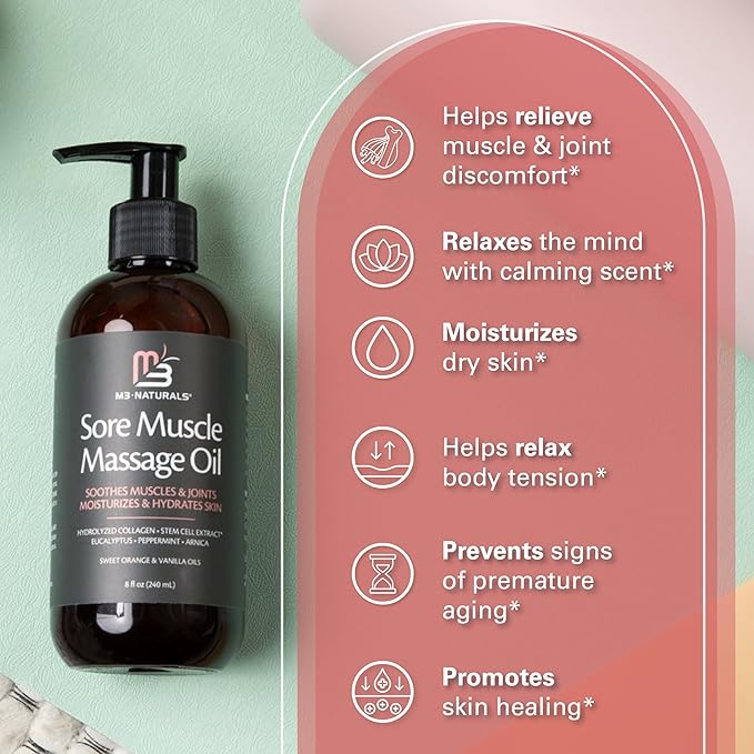 M3 Naturals Arnica Sore Muscle Massage Oil with Collagen, Stem Cells, and Menthol, Anti-Cellulite Therapy for Full Body, Fast-Absorbing Multipurpose Treatment