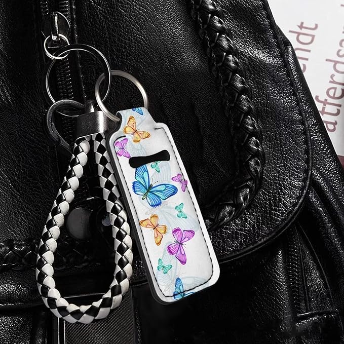 Bulopur White Blue Butterflies Lipstick Balm Holder Keychains