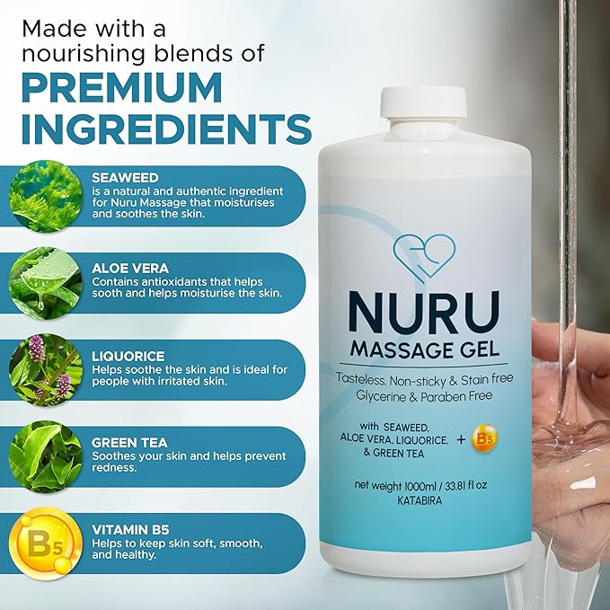 Japanese Nuru Massage Therapy Gel | Aloe Vera, Seaweed, Green Tea, Liquorice, & Vitamin B5 | 33.81 fl oz