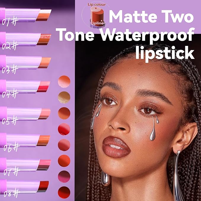 Glitter Matte Lipstick, 2 In 1 Two Tone Waterproof Lip Gloss, Sparkling High Pigment Longlasting Smudgeproof Non-Stick Cup Lipstick, Shimmer Lip Blam for Women Girl Christmas Makeup (#01)