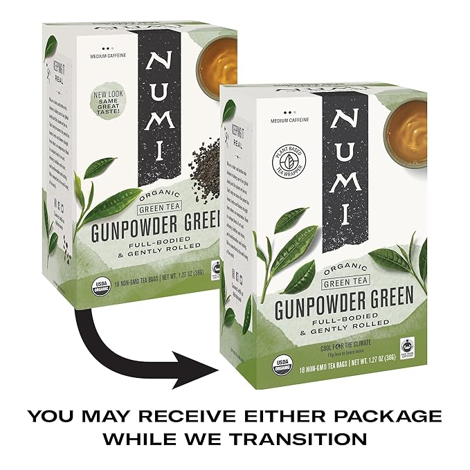 Numi Organic Tea Gunpowder Green, 18 Tea Bags (Pack of 3), Full-Bodied Gently Rolled Chinese Green Tea (Packaging May Vary)