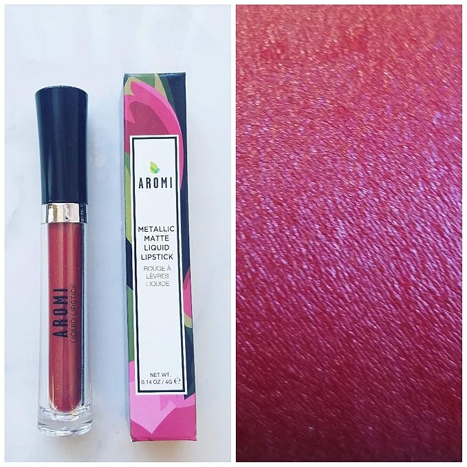 Aromi Dark Red Metallic Liquid Lipstick | Ruby Maroon Lip Color with Shimmery Finish, Vegan, Cruelty-free, Holiday Makeup, Long-Lasting (Candy Apple)