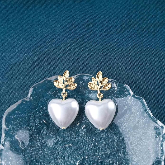 Vintage Pearl Heart Drop Earrings Gold