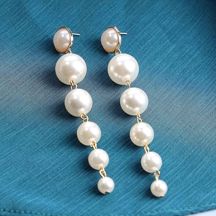 Boho Pearl Drop Dangle Earrings Big Pearl Tassel