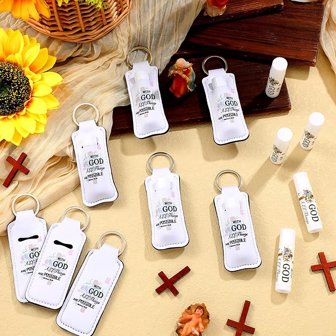 18 Sets Christian Inspiration Gift Lip Balm Bulk and Lipstick Holder Keychains Set Bible Verse Gift for Women Teacher Mom Church Favors(with God)