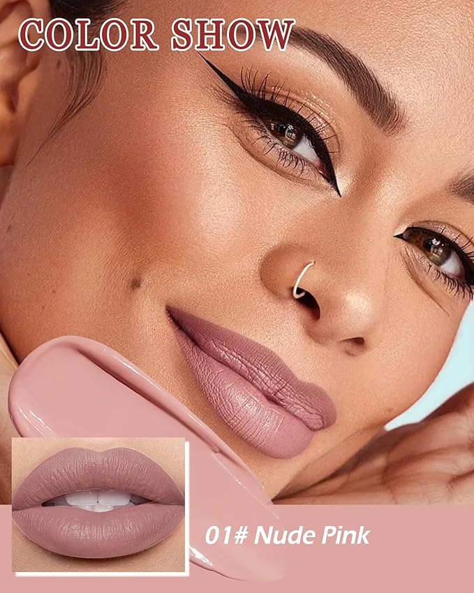 Matte Liquid Lipstick for Women, Highly Pigmented Lip Tint Stain, Super Velvet Matte Nude Pink Lip Gloss, Up to 16H Wear, Long Lasting Waterproof Non-Stick Cup Lip Color Stay,Christmas Makeup Gift-01#
