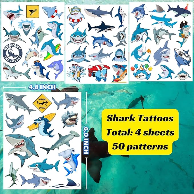 Shark Temporary Tattoos - Shark Birthday Decorations Supplies Outdoor Activity