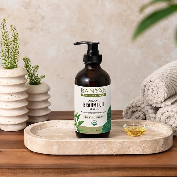 Banyan Botanicals Brahmi Oil with Sesame Base – Organic Ayurvedic Massage Oil with Gotu Kola and Bacopa – Calming Massage Oil for Focus & Relaxation – 8 oz – Non GMO Sustainably Sourced Abhyanga Oil