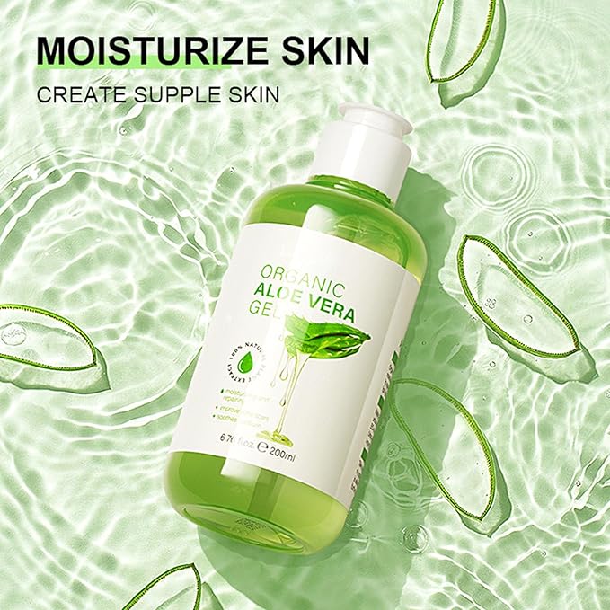 Organic Aloe Vera Gel, Aloe Vera Gel for Face, Body and Hair, Deeply Hydrating, Nourishing After Sun Skin Care, Aloe Vera Soothing Gel Cooling Cooling, Calming and Soothing 6.76 Fl Oz