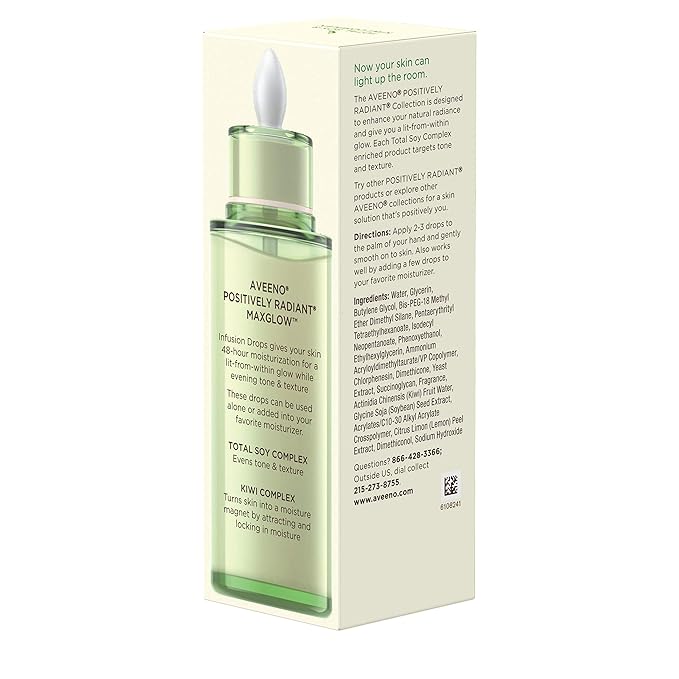 Aveeno Positively Radiant MaxGlow Infusion Drops with Moisture Rich Soy & Kiwi Complex, Hypoallergenic, Non-Comedogenic, Paraben- & Phthalate-Free Moisturizing Facial Serum, 1.35 fl. oz