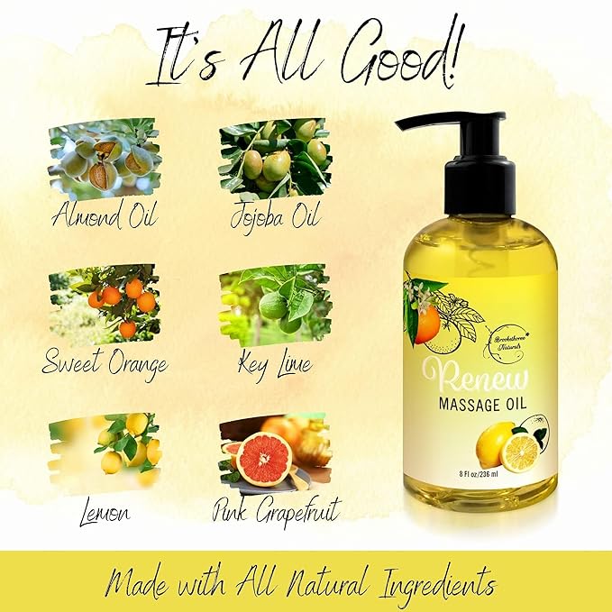 Renew Massage Oil with Orange, Lemon & Peppermint Essential Oils - Great for Massage Therapy or Home use. Ideal for Full Body – with Almond, Grapeseed & Jojoba – by Brookethorne Naturals