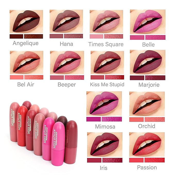 Miss Rose Matte Lipstick for Women, 12 Stunning Long Lasting Lipstick Shades, Waterproof, Highly-Pigmented, Hydrating, Smudge-Proof, Set for Makeup Lovers, Lipstick Set for All Occasions
