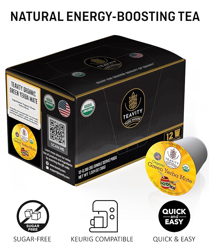 Organic Yerba Mate Tea Pods for Keurig - Green, Unsmoked Yerba Mate by Teavity (12 Tea Pods)