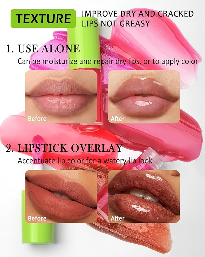 Fat Oil Lip Gloss-4Pcs Hydrating Lip Glow Oil Lipgloss, Tinted Plumping lip Gloss,Clear Pink Red Lip Stain Oil, Glossy Finish Tint Shiny Jelly Lip Glaze,Vegan Glow Reviver Lip Oil Drip for Women-Set C