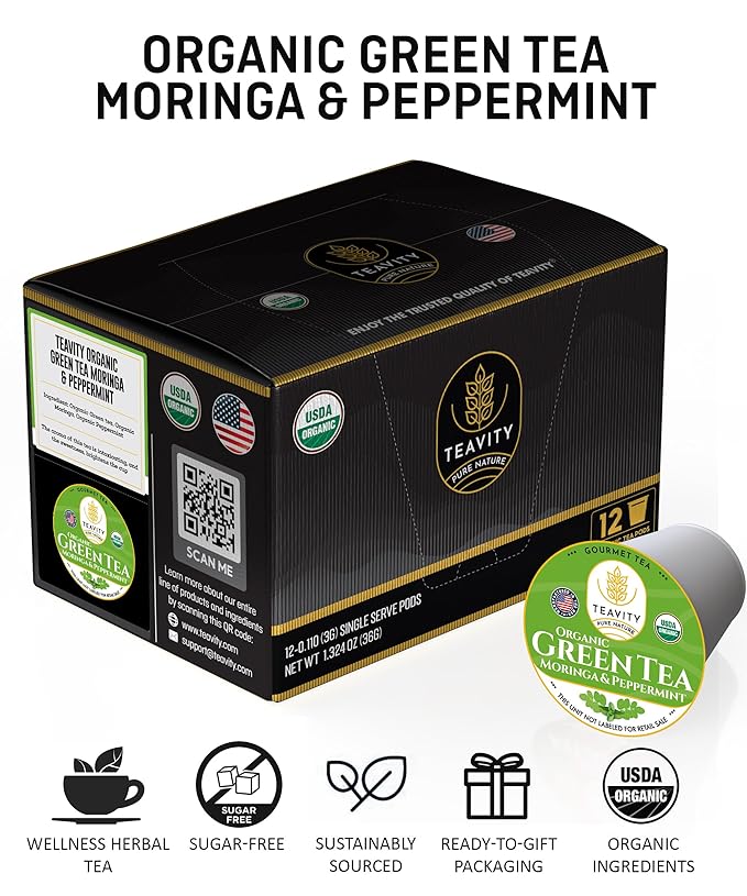 Organic Moringa Green Tea with Peppermint Tea Pods for Keurig - Naturally Caffeinated by Teavity (12 Tea Pods)