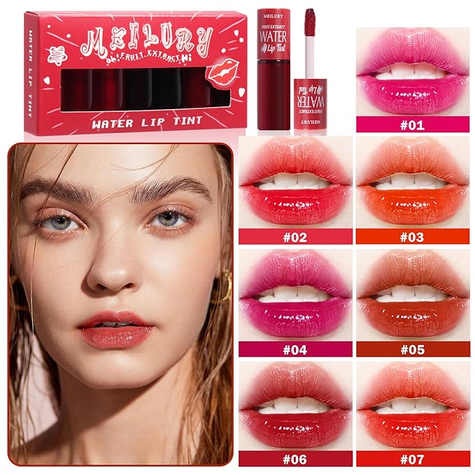 AWCCXMYM 7 Colors Lip Tint Stain Korean Lip Gloss Matte Nude High Pigment Hydrating Long Lasting Waterproof Non-Stick Plumping Liquid Lipstick Set For Lip Cheek Eye Color