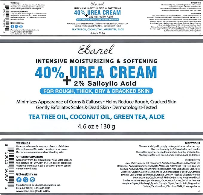 Ebanel Urea Cream 40% plus Salicylic Acid 2%, Foot Cream for Dry Cracked Heels Feet Knees Elbows Hands, Foot Dead Skin Cuticle Callus Remover Toenail Softener, Keratolytic Skin Barrier Repair, 2-Pack
