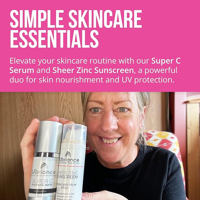 Vibriance Simple Skincare Essentials Bundle | Super C Vitamin Serum, Sheer Zinc Sunscreen SPF 50 Skin Care Set - Nourish, Protect, Illuminate