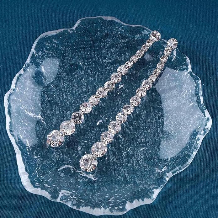 Vintage Rhinestone Chain Drop Earrings Silver Linear Crystal