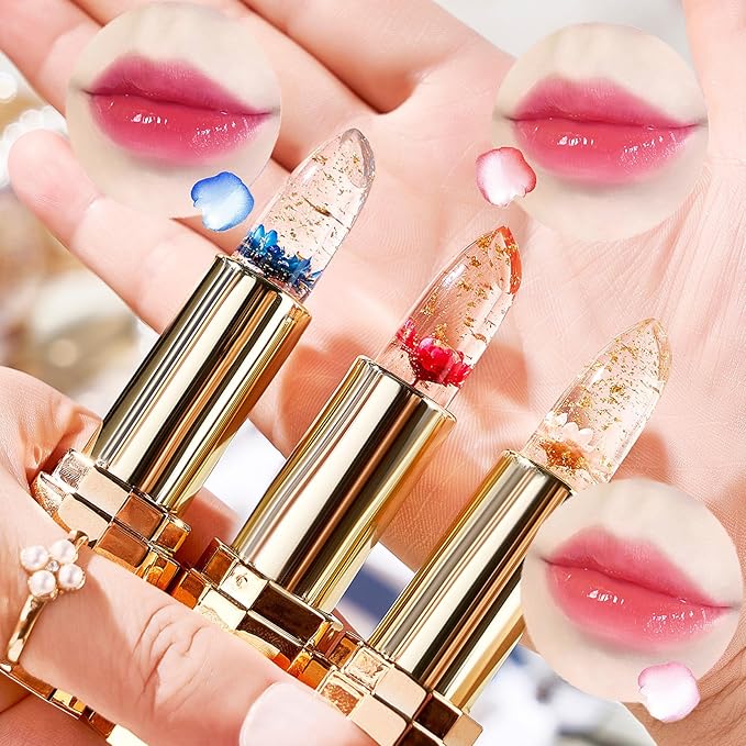 Pack of 3 Flower Jelly Lipstick Set Temperature Change Moisturizer Long Lasting Nutritious Balm Magic Color Change Lip Gloss