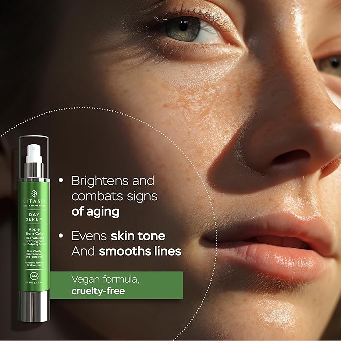 AM Day Serum W/Apple Stem Cells, Hyaluronic Acid, Green Tea, Chamomile Extract, Orange, Vitamin C, Olive & Aloe Vera for Face - Anti-Aging & Moisturizing Facial Serum for Women - 1.7 Fl oz