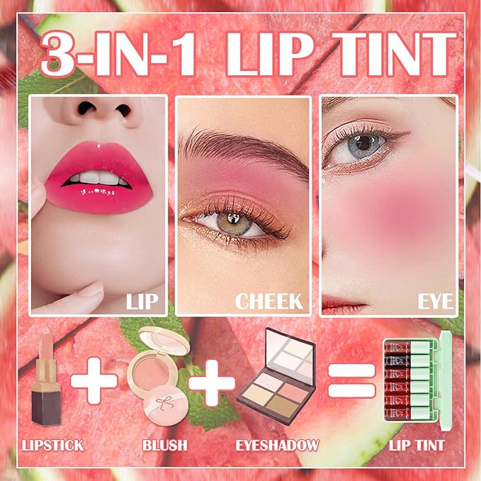 Sulily 6 Colors Lip Gloss,korean Waterproof Lip Tint Stain Moisturizing Natural Mini Liquid Lipstick,Multi-use Lip and Cheek Tint,Non-Stick Cup, High Pigment Long-Lasting lip stain,Watermelon