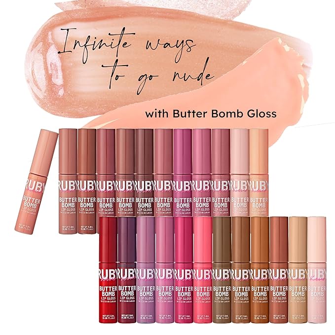 Ruby Kisses Lip Gloss Butter Bomb Gloss Non-Sticky Lip Gloss Vitamin E Natural Nude Lip Makeup - 7.8mL (0.26 US fl.oz) (Babydoll)