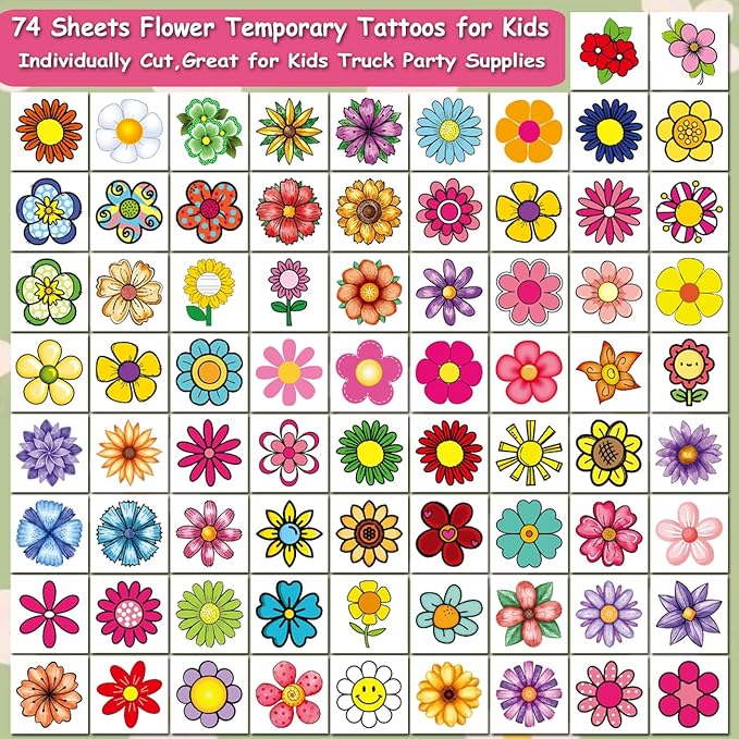 Flower Temporary Tattoos for Kids - 74 Individually Bag Fillers