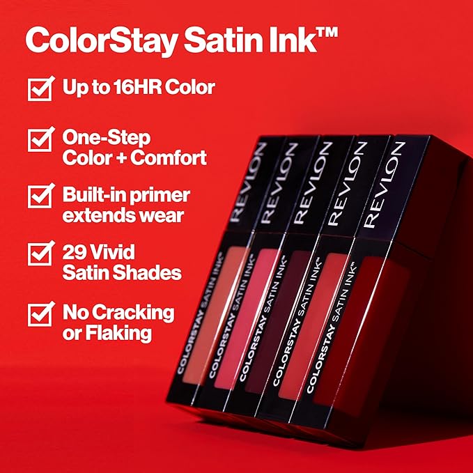 Revlon Liquid Lipstick, Face Makeup, ColorStay Satin Ink, Longwear Rich Lip Colors, Formulated with Black Currant Seed Oil, 010 Your Majesty, 0.17 Fl Oz