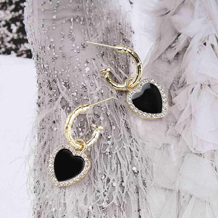 Vintage Crystal Heart Drop Earrings Black Heart Onyx