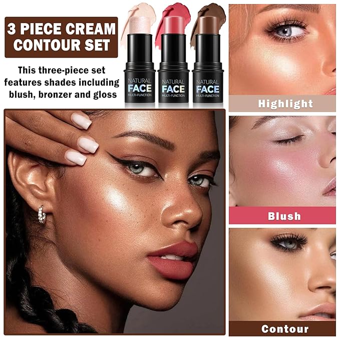 3PCS Cream Contour Stick Makeup Kit Face Highlighter Rose+06 Espresso)