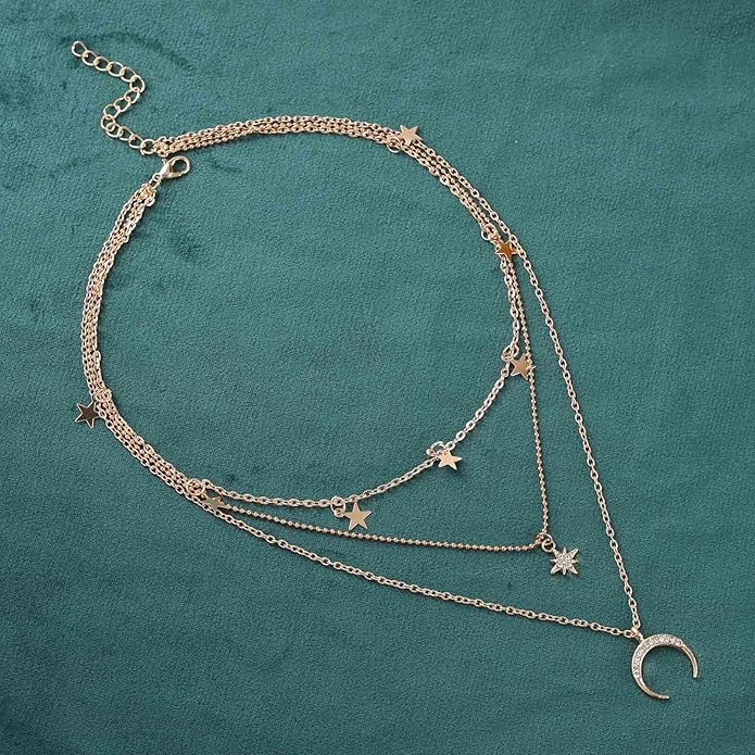 Boho layered moon star choker necklace