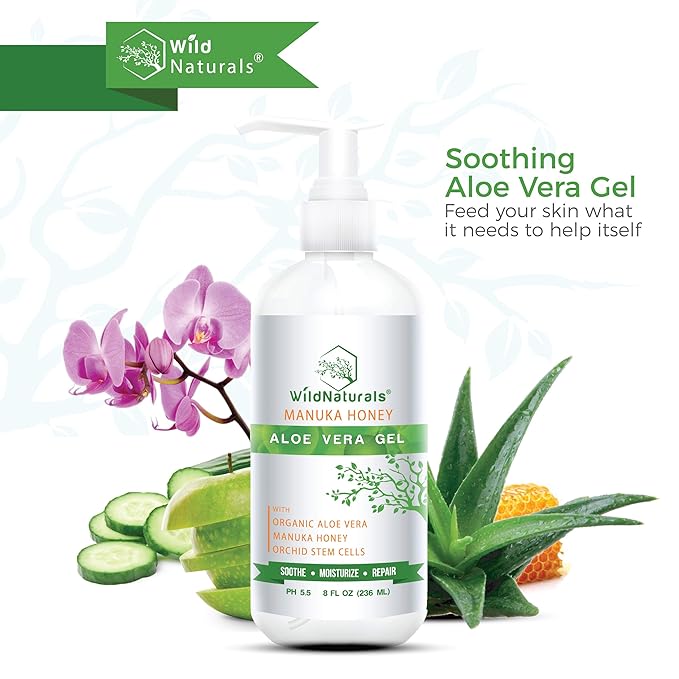 Aloe Vera Gel for Skin with Manuka Honey - Pure Aloe Vera Gel for Sunburn Relief - Organic Aloe Vera Gel for Face, Acne, and Scars - Aloe Gel for Hair and Dry Scalp - 100 Percent Pure Aloe Vera Gel