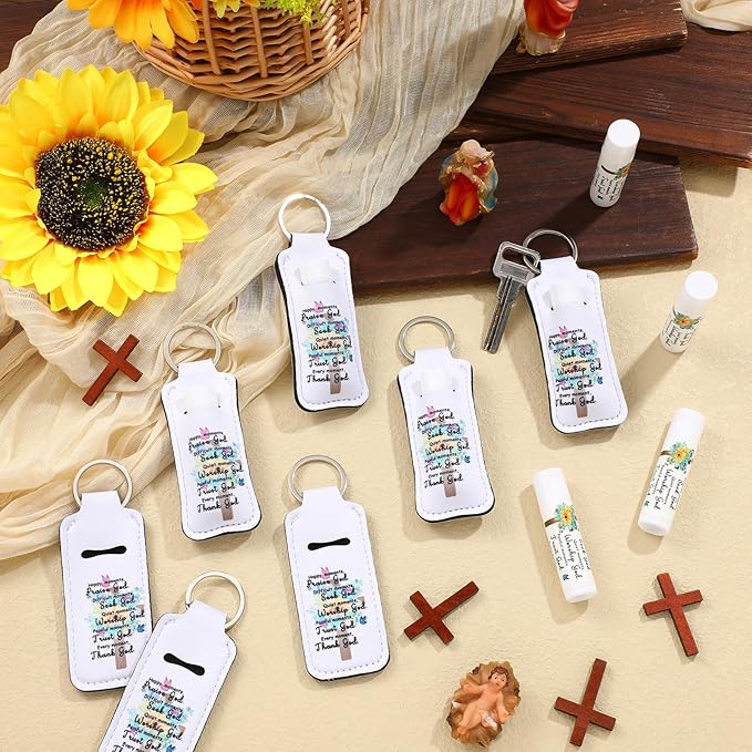 18 Sets Christian Inspiration Gift Lip Balm Bulk and Lipstick Holder Keychains Set Bible Verse Gift for Women Teacher Mom Church Favors(Happy Moments)