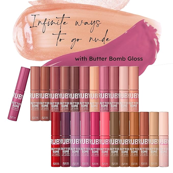 Ruby Kisses Lip Gloss Butter Bomb Gloss Non-Sticky Lip Gloss Vitamin E Natural Nude Lip Makeup - 7.8mL (0.26 US fl.oz) (Blushing)