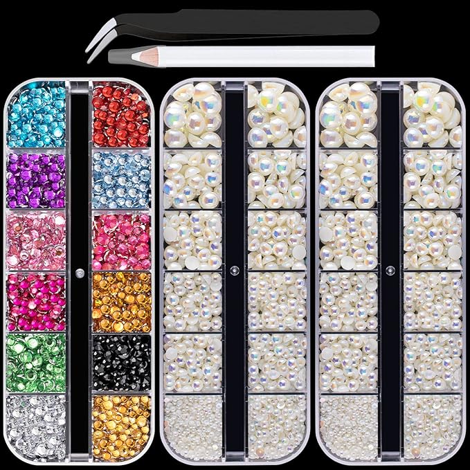 Flat Back Rhinestone+Half Round Pearl Kits Colorful Rhinestones+Beige