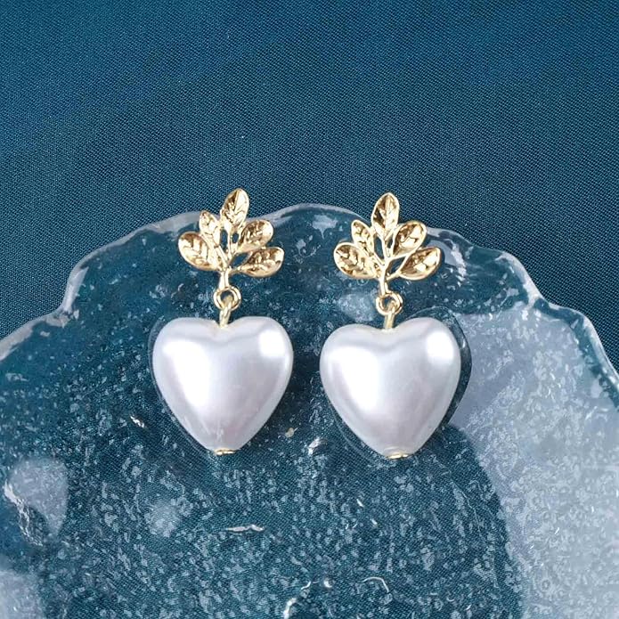 Vintage Pearl Heart Dangle Earrings Heart