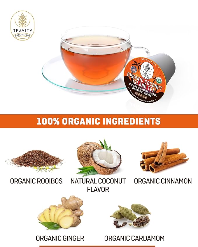 TEAVITY Organic Coconut Island Tea - Compatible With Keurig K-cup 2.0 Brewers - Energy, Revitalizing, Refreshing Tea Pod - Works With Keurig Tea Pods & Tea K Cups 12 Count (Pack of 1)