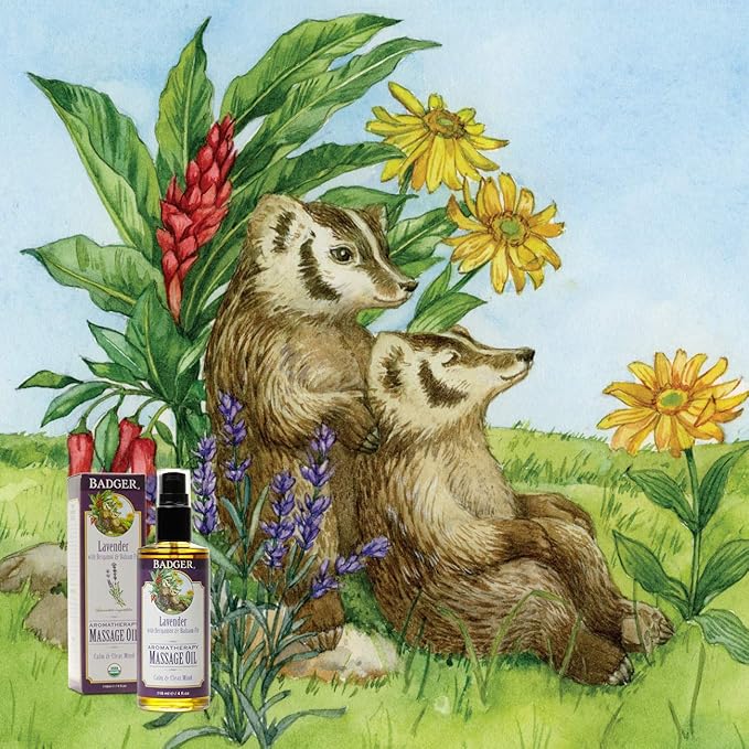 Badger Lavender Massage Oil, 100% Organic Massage Oil, Relaxing & Moisturizing Pure Aromatherapy Oils of Lavender, Bergamot & Balsam Fir, 4 fl oz Glass Bottle