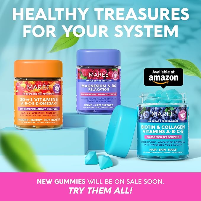 MAREE Vitamin B1 Thiamine & B7 Biotin Gummies - A E D C Vitamins Complex with Keratin, Collagen, Hyaluronic & Pantothenic Acid for Skin, Nails & Hair